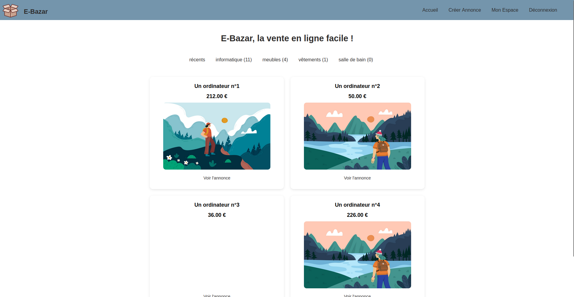 Capture de la plateforme E-bazar : petites annonces entre particuliers